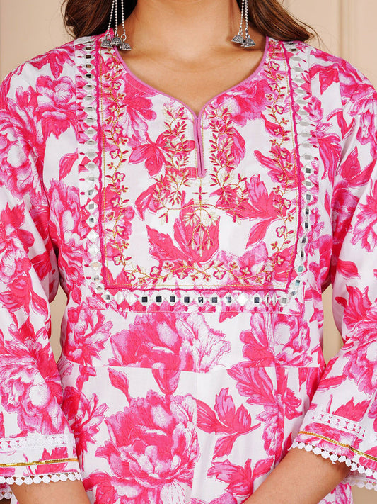 Floral Printed Pure Cotton Anarkali Kurta With Trousers And Dupatta