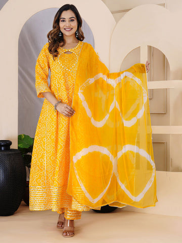Bandhani Printed Mirror Work Pure Cotton Kurta with Trouser And Dupatta