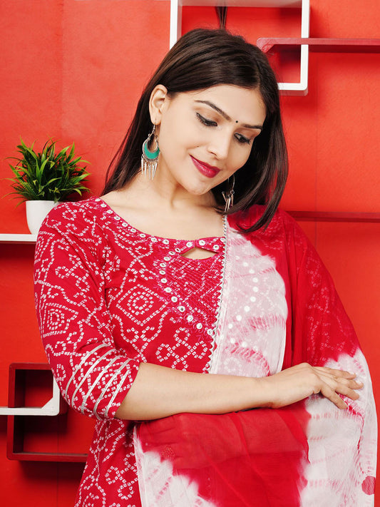 Bandhani Printed Mirror Work Pure Cotton Kurta With Trouser And Dupatta