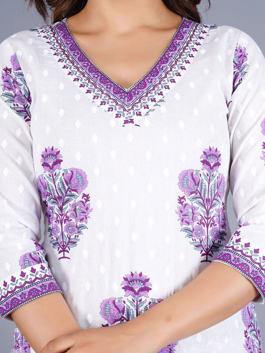 Floral Printed V-Neck Pure Cotton Kurta With Trousers And Dupatta