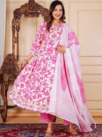 Floral Printed Pure Cotton Anarkali Kurta With Trousers And Dupatta