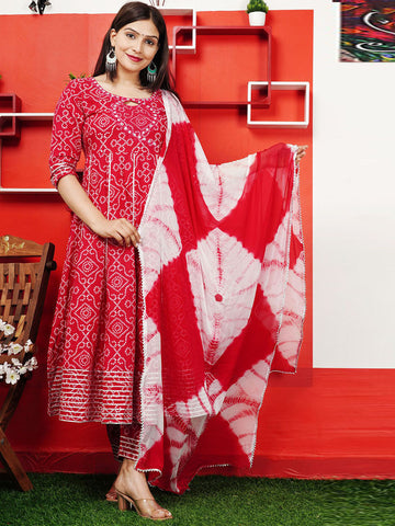 Bandhani Printed Mirror Work Pure Cotton Kurta With Trouser And Dupatta