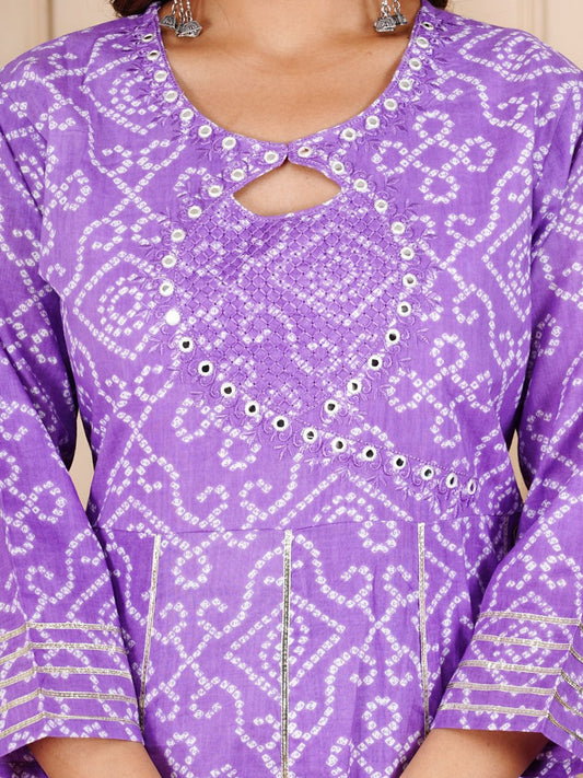 Bandhani Printed Mirror Work Pure Cotton Kurta With Trouser And Dupatta
