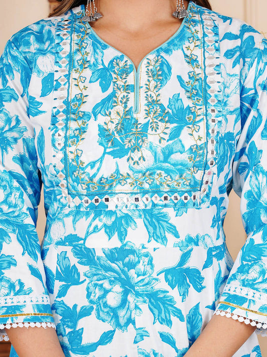 Floral Printed Pure Cotton Anarkali Kurta With Trousers And Dupatta