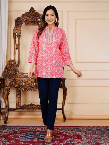 Embroidered Mandarin Collar Cotton A-Line Top