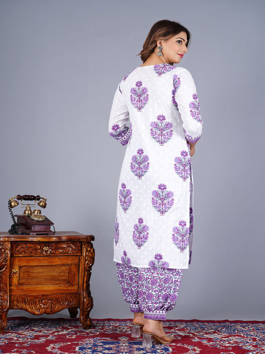 Floral Printed V-Neck Pure Cotton Straight Kurta With Salwar And Dupatta
