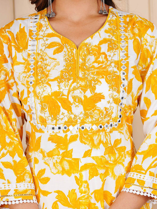 Floral Printed Pure Cotton Anarkali Kurta With Trousers And Dupatta