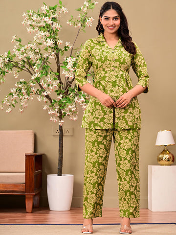 Floral Printed Shirt-Collar Pure Cotton Tunic With Trousers