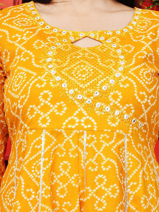Bandhani Printed Mirror Work Pure Cotton Kurta With Trouser And Dupatta