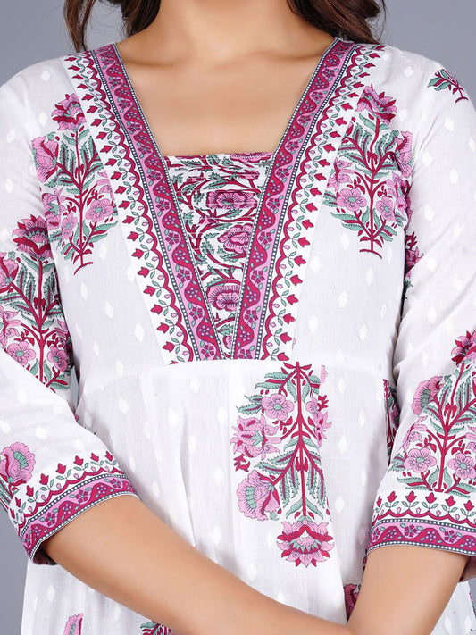 Floral Printed Pure Cotton Anarkali Kurta With Trousers And Dupatta