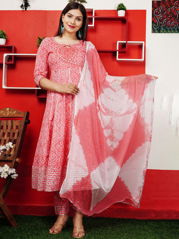 Bandhani Printed Mirror Work Pure Cotton Kurta with Trouser And Dupatta