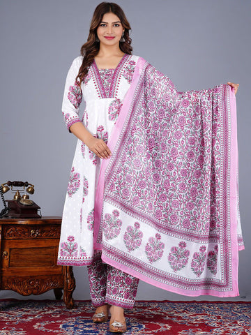 Floral Printed Pure Cotton Anarkali Kurta With Trousers And Dupatta