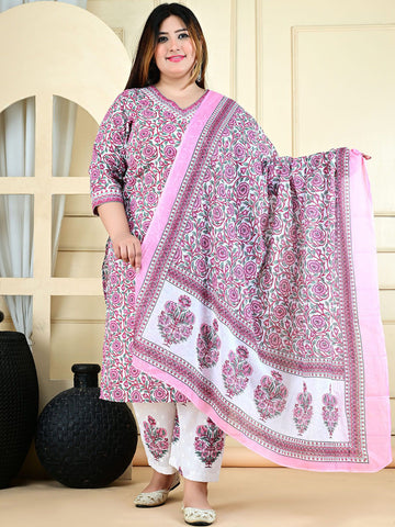 Plus Size Floral Printed Pure Cotton Kurta With Trouser And Dupatta