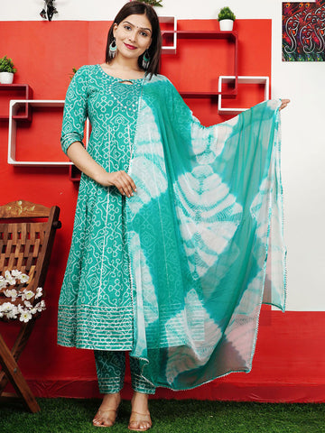 Bandhani Printed Mirror Work Pure Cotton Kurta With Trouser And Dupatta