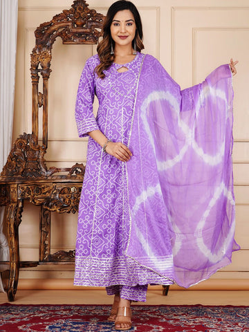 Bandhani Printed Mirror Work Pure Cotton Kurta With Trouser And Dupatta