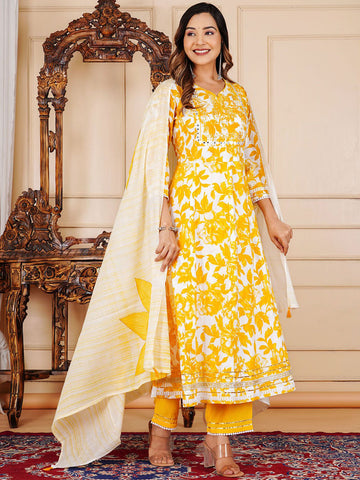 Floral Printed Pure Cotton Anarkali Kurta With Trousers And Dupatta