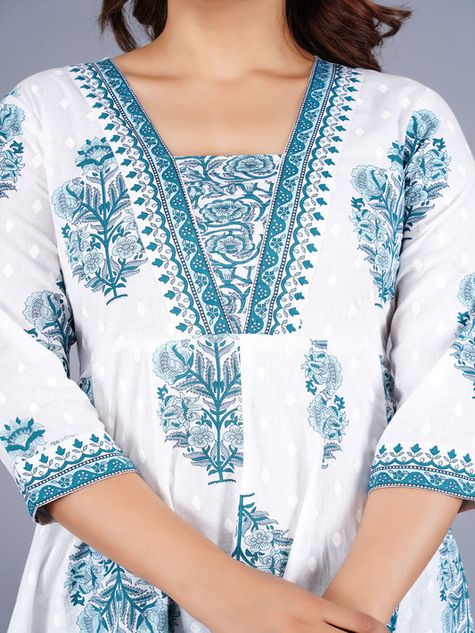 Floral Printed Pure Cotton Anarkali Kurta With Palazzos And Dupatta