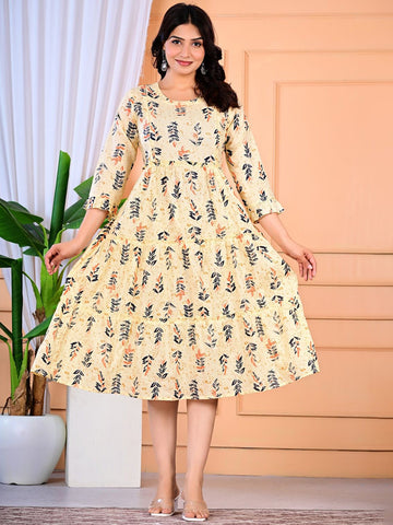 Women Floral Print Maternity Fit & Flare Cotton Midi Dress