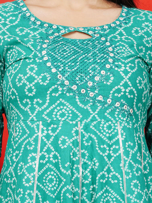 Bandhani Printed Mirror Work Pure Cotton Kurta With Trouser And Dupatta
