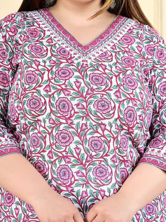 Plus Size Floral Printed Pure Cotton Kurta With Trouser And Dupatta