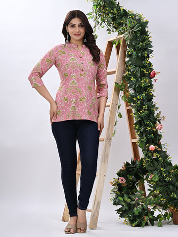 Floral Print Mandarin Collar Cotton Top