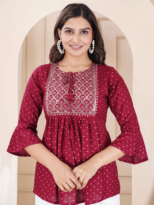 Women Embroidered Bell Sleeves Peplum Top