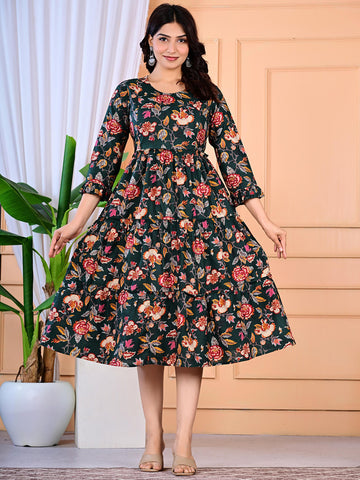 Women Floral Print Maternity Fit & Flare Midi Dress