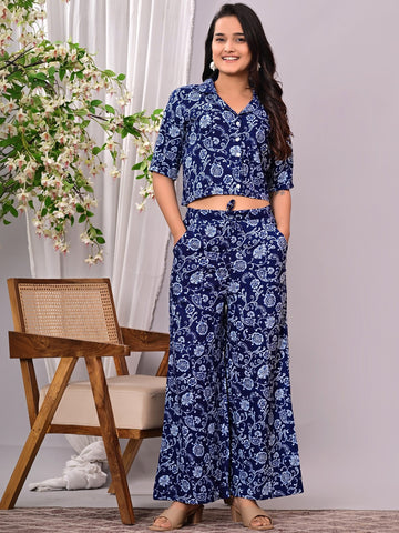 Printed Shirt Collar Top & Palazzos Co-Ords