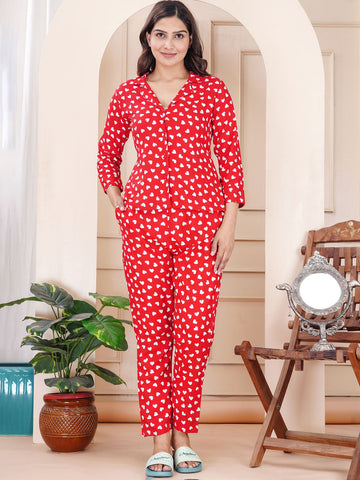 Graphic Printed Shirt Collar Neck Night Suit