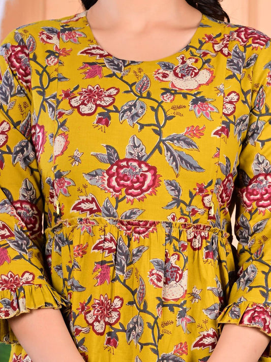 Floral Printed Gathered Tiered Cotton Maternity Ethnic Dress