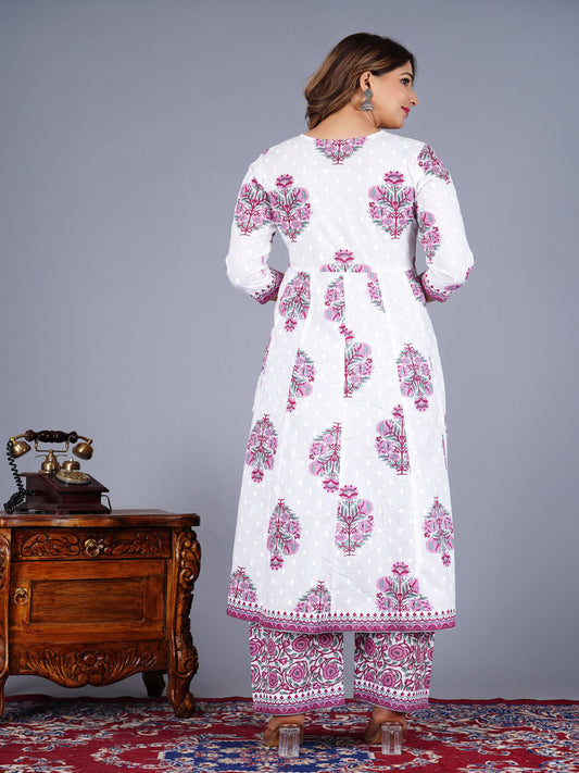 Floral Printed V-Neck Pure Cotton Straight Kurta With Salwar And Dupatta