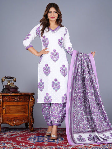 Floral Printed V-Neck Pure Cotton Kurta With Trousers And Dupatta
