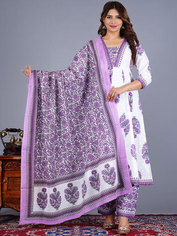 Floral Printed V-Neck Anarkali Pure Cotton Kurta with Palazzos And Dupatta