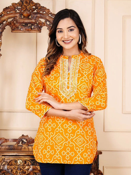 Embroidered Mandarin Collar Cotton A-Line Top