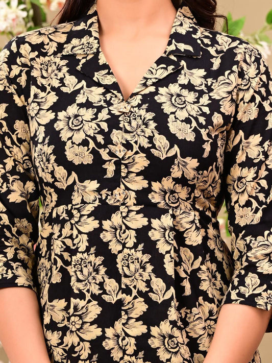 Printed Shirt Collar Pure Cotton Tunic With Trousers