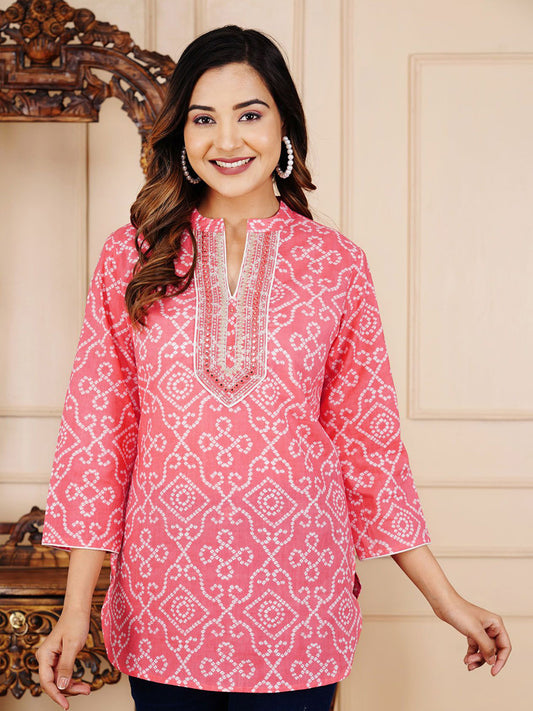 Embroidered Mandarin Collar Cotton A-Line Top