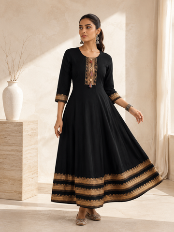 Print A-Line Midi Dress Black