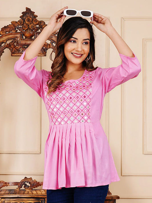 Embroidered Pleated Top