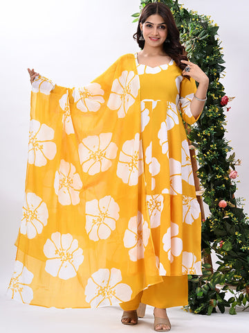 Women Floral Printed Cotton Anarkali Kurta with Palazzo & Dupatta