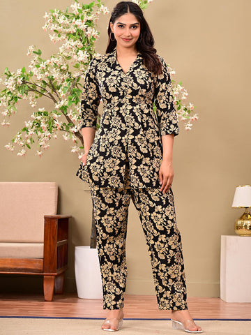 Printed Shirt Collar Pure Cotton Tunic With Trousers