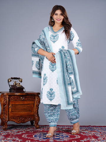 Floral Printed V-Neck Pure Cotton Straight Kurta With Salwar And Dupatta