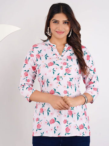 Women Floral Printed Mandarin Collar Top