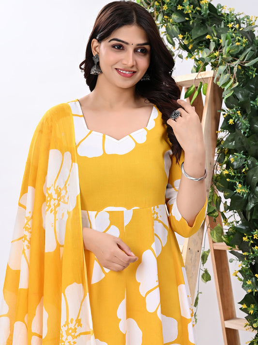 Women Floral Printed Cotton Anarkali Kurta with Palazzo & Dupatta