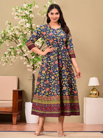Floral Printed Round Neck Fit & Flare Cotton Maxi Dress