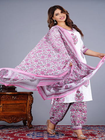 Floral Printed V-Neck Pure Cotton Straight Kurta With Salwar And Dupatta