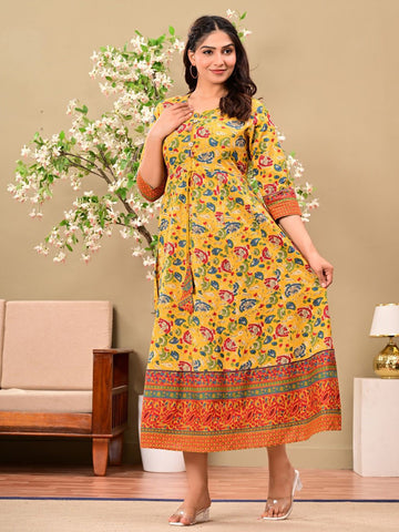 Floral Printed Round Neck Fit & Flare Cotton Maxi Dress