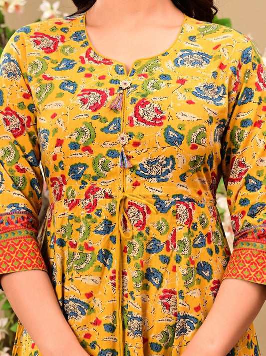 Floral Printed Round Neck Fit & Flare Cotton Maxi Dress