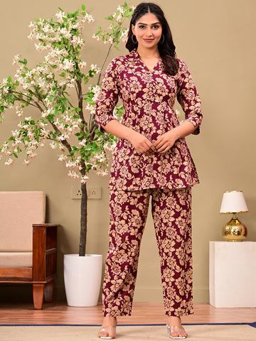 Floral Printed Shirt-collar Pure Cotton Tunic With Trousers
