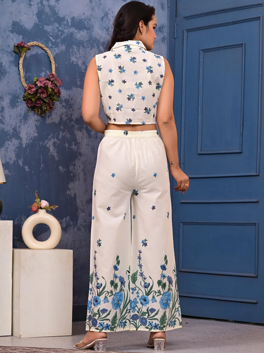 Floral Printed Pure Cotton  Shirt Collar Neck Top With Palazzo Co-Ords