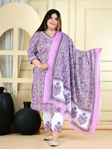 Plus Size Floral Printed Pure Cotton Kurta With Trouser And Dupatta